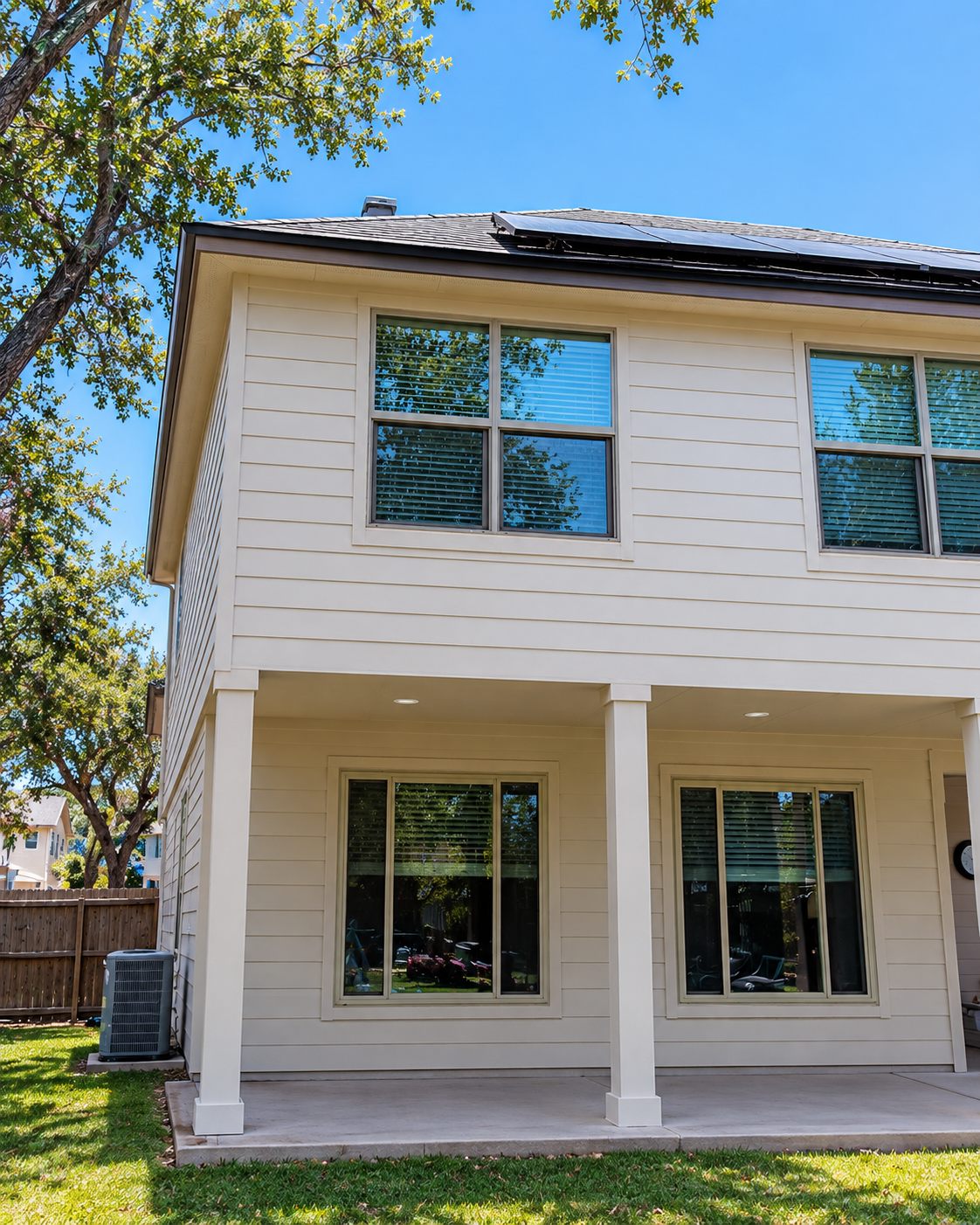 Completed ADU addition with cream siding and covered patio